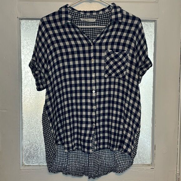 Jane & Delancey Women’s Black and White Gingham Print Short Sleeve Blouse XL - Picture 1 of 6